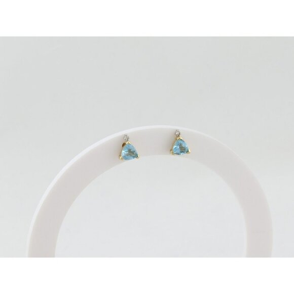 10k Yellow Gold Natural Blue Topaz & Diamond Earrings Stud 5/16" x 1/4" - Picture 7 of 10